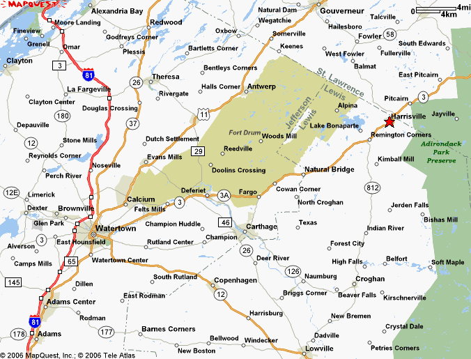 Map of General Area Surrounding Harrisville, NY, Black River Stages